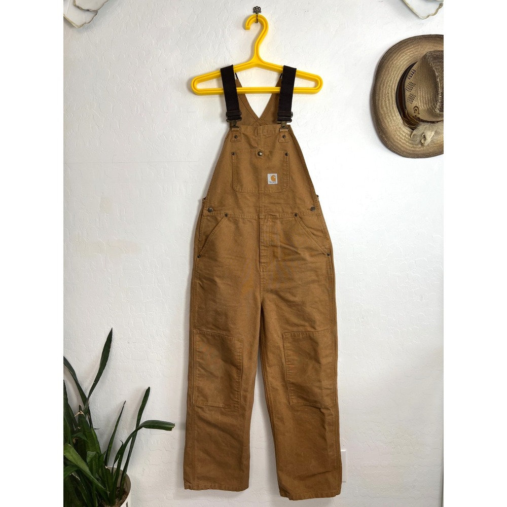 Carhartt Youth Boys Kids Sz 14 Canvas Double Knee Overalls Brown Duck